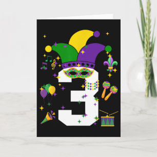 Cartão Aniversário de 3 anos do Toddler Tema Mardi Gras 3