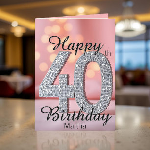 Cartão Aniversário de 40 anos de Prata e Rosa Suave com E