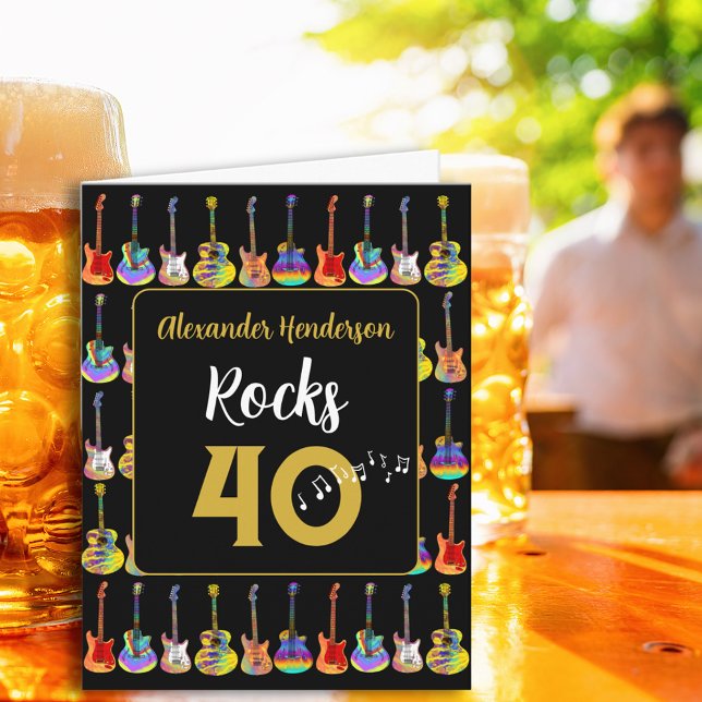 Cartão aniversário de 40 anos Rock and Roll Guitar adicio (Cool music 40th birthday rock guitar black and gold personalized rocks 40 greetings card)