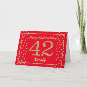 Cartão Aniversário de 42 anos Vermelho e Dourado Brilho C