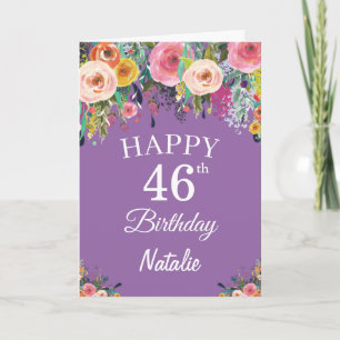 Cartão Aniversário de 46 anos Aquarela Floral Flores Roxo