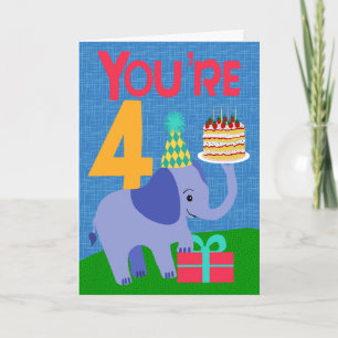 Cartão Aniversário de 4 anos com Elefante e Bolo