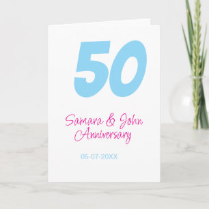 Cartão aniversário de 50 anos azul ousado rosa nome data