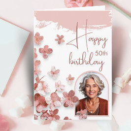 Cartão Aniversário de 50 anos com Flor de Brilho Rosa Flo