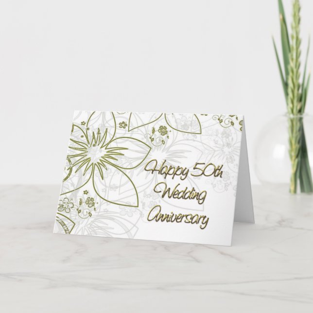 Cartão Aniversário de 50 anos de Casamento Flores e Ondas (Frente)