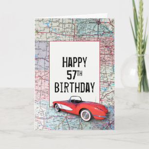 Cartão Aniversário de 57 anos Corvette Retro no Mapa