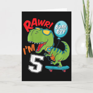 Cartão Aniversário de 5 anos do menino T-rex Skateboardi