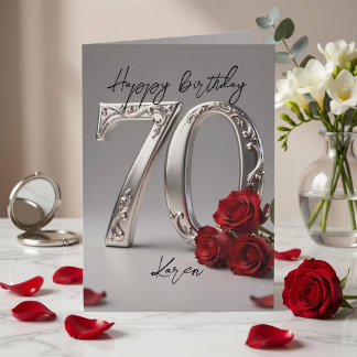 Cartão Aniversário de 70 anos feminino Elegante Rosa Verm