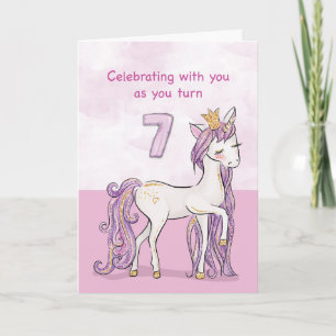 Cartão Aniversário de 7 anos Cavalo Rosa Com Coroa