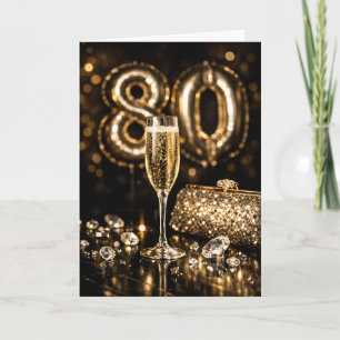 Cartão Aniversário de 80 anos Champagne Preto e Dourado E