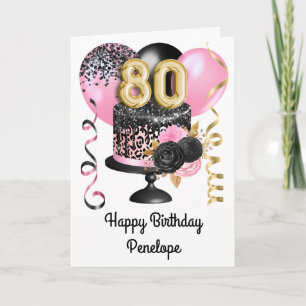 Cartão Aniversário de 80 anos em Dourado Rosa e Preto