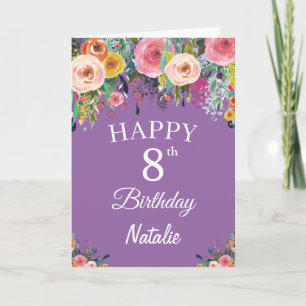 Cartão Aniversário de 8 anos Aquarela Floral Flores Roxo