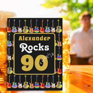 Cartão Aniversário de 90 anos Retro Groovy Guitar Persona