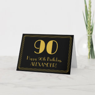 Cartão Aniversário de 90: Art Deco Inspirou "90" + Nome