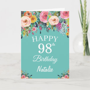 Cartão Aniversário de 98 anos Aquarela Floral Flores Azul