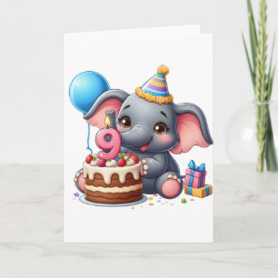 Cartão Aniversário de 9 anos do Elefante Fofo