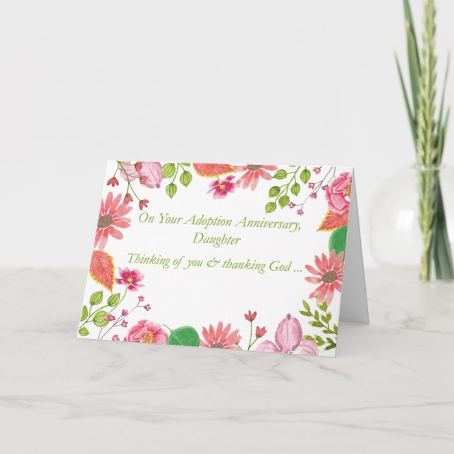 Cartão Aniversário de Adoção da Filha Flores de Aquarelas (Frente)