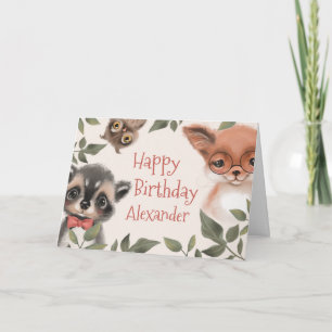 Cartão Aniversário de Animais Florestais Personalizados d