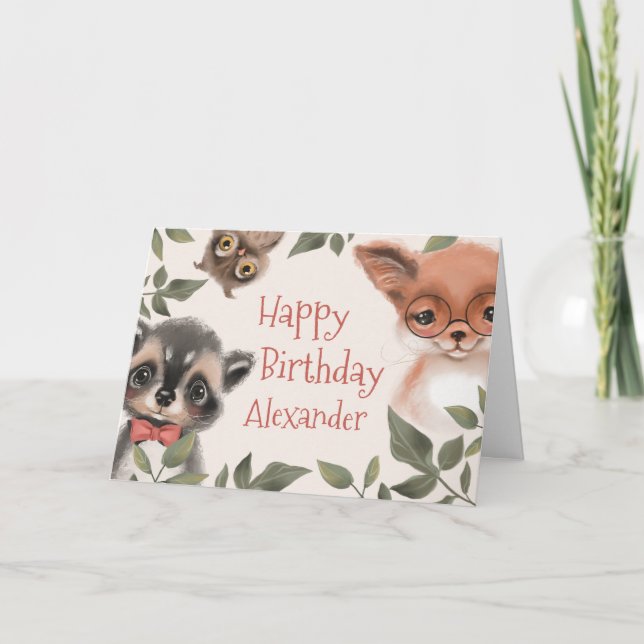 Cartão Aniversário de Animais Florestais Personalizados d (Frente)