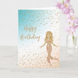 Cartão Aniversário de Aqua Dourada Sereia Glitter Confett