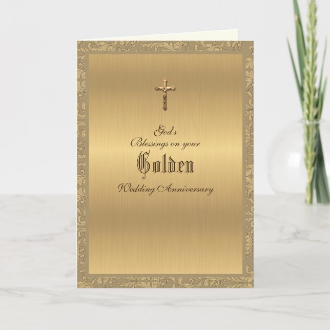 Cartão Aniversário de Bodas de Ouro Religioso Dourado Ele (Frente)