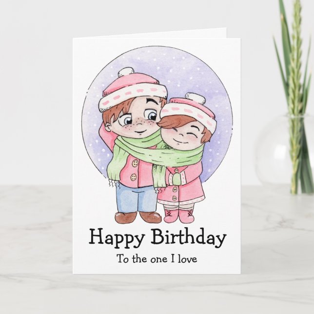 Cartão Aniversário de Casal Compartilhando um Cachecol (Frente)