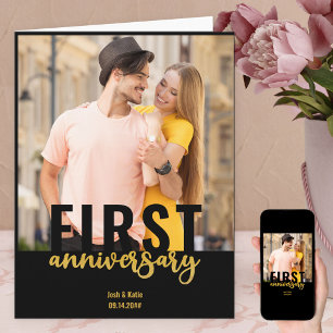 Cartão Aniversário de Casamento da Foto Dourada Moderna 