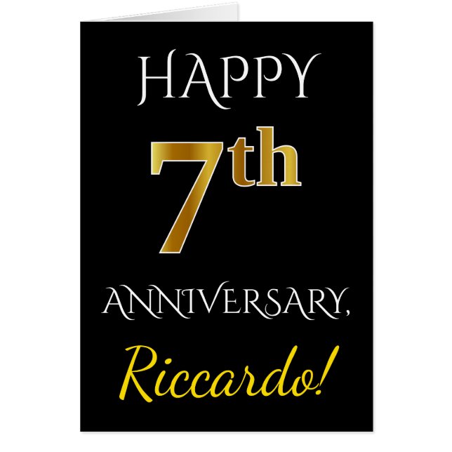 Cartão Aniversário de Casamento de 7 Dourado preto, Faux  (Frente)