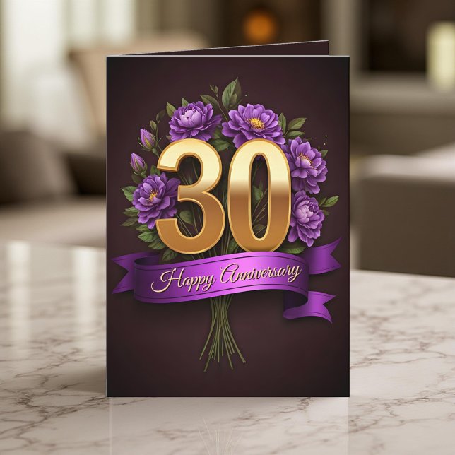 Cartão Aniversário de Casamento do 30 Floral Dourado Purp (Criador carregado)