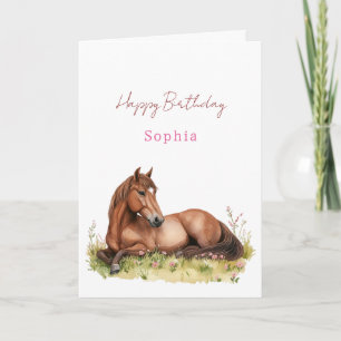 Cartão Aniversário de Cavalo Floral Rosa Feminino