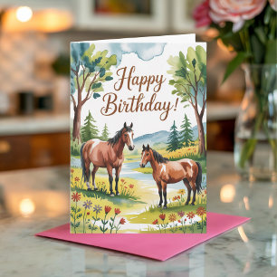 Cartão Aniversário de Cavalo Personalizado Aquarela Fofa