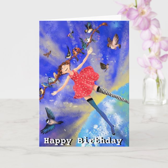 Cartão Aniversário de criança Card Happy Girl with Birds (Orquídea)