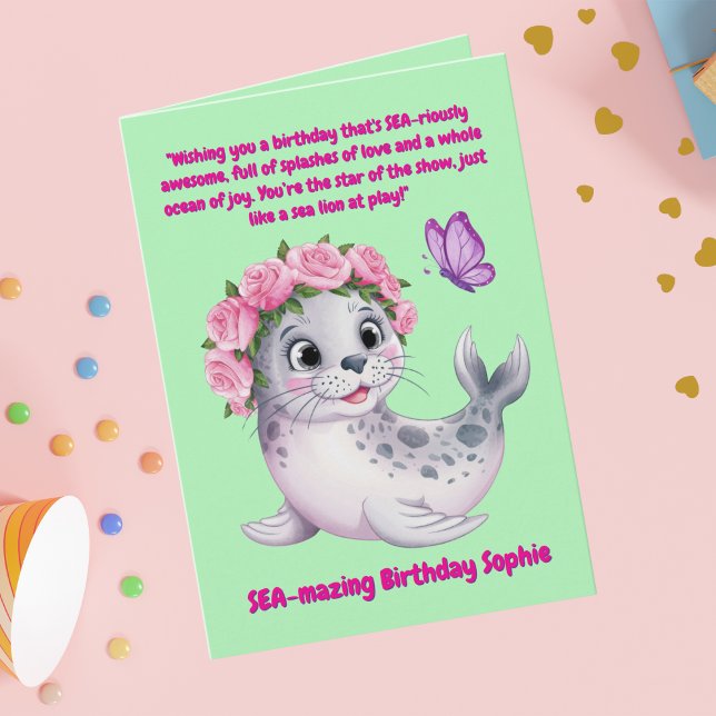 Cartão Aniversário de criança de Leão de Leão de Mar Flor (Criador carregado)