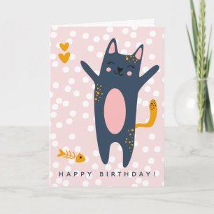 Cartão Aniversário de criança Rosa Gato Azul