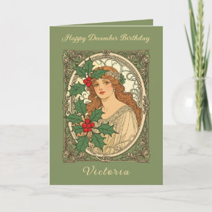 Cartão Aniversário de Dezembro Art Nouveau Azevinho Fruta