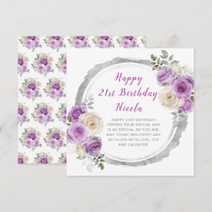 Cartão Aniversário de Flores Elegantes Roxas e Prateadas