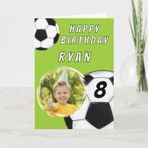 Cartão Aniversário de Foto de Menino de Futebol Verde Per