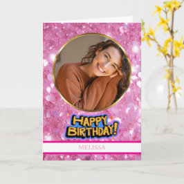 Cartão Aniversário de Foto e Nome com Brilho Rosa e Doura