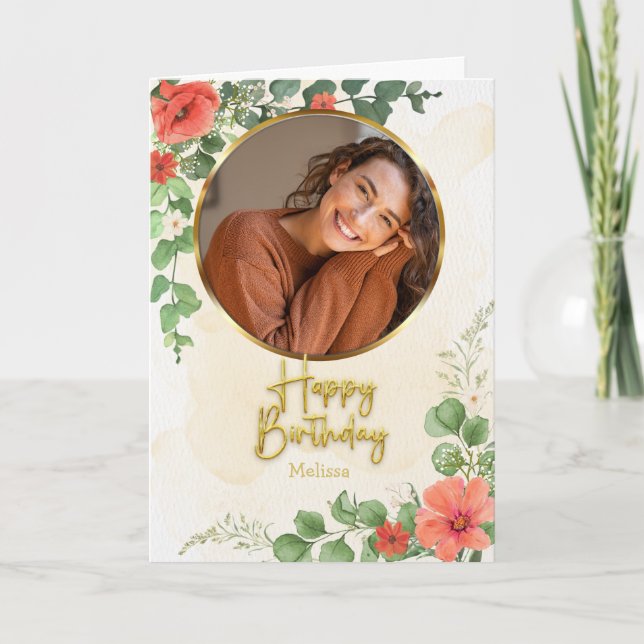 Cartão Aniversário de Foto em Círculo com Rótulo Floral V (Frente)