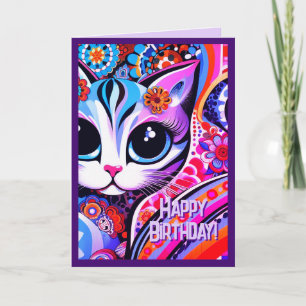 Cartão Aniversário de Gatinho Gatinho Abstrato de Arte Po