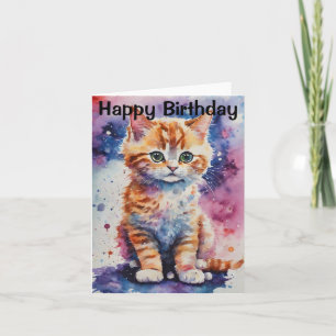Cartão Aniversário de Gatinho Ruivo em Aquarela Fofa