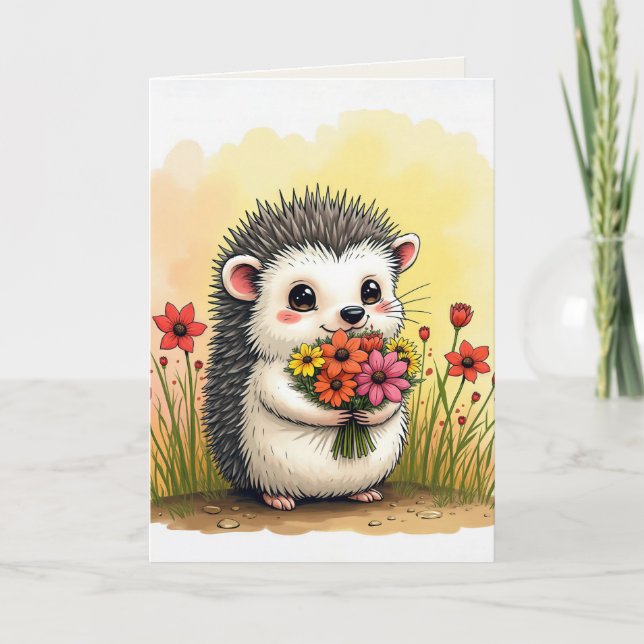 Cartão Aniversário de Hedgehog com Buquê (Frente)