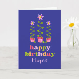 Cartão Aniversário de Marinho Personalizado Floral Colori