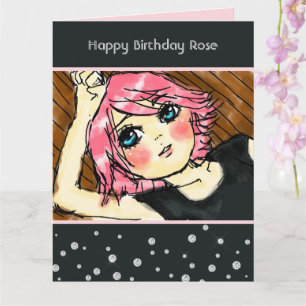 Cartão Aniversário de Menina com Cabelo Rosa e Diamantes