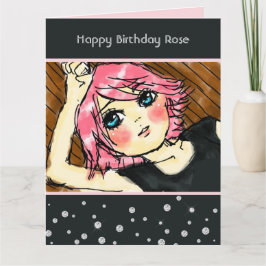 Cartão Aniversário de Menina com Cabelo Rosa e Diamantes 