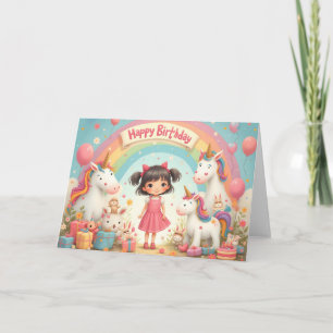 Cartão Aniversário de Menina com Unicórnios & Arco-íris