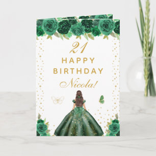 Cartão Aniversário de Menina de Cabelo Castanho com Flora