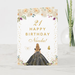 Cartão Aniversário de Menina de Cabelo Loiro Floral Creme