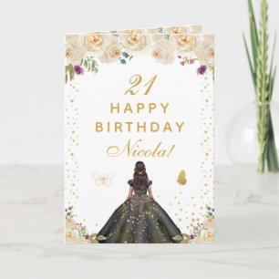 Cartão Aniversário de Menina de Pele Escura Floral Creme