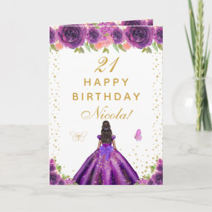 Cartão Aniversário de Menina de Pele Morena com Floral Ro